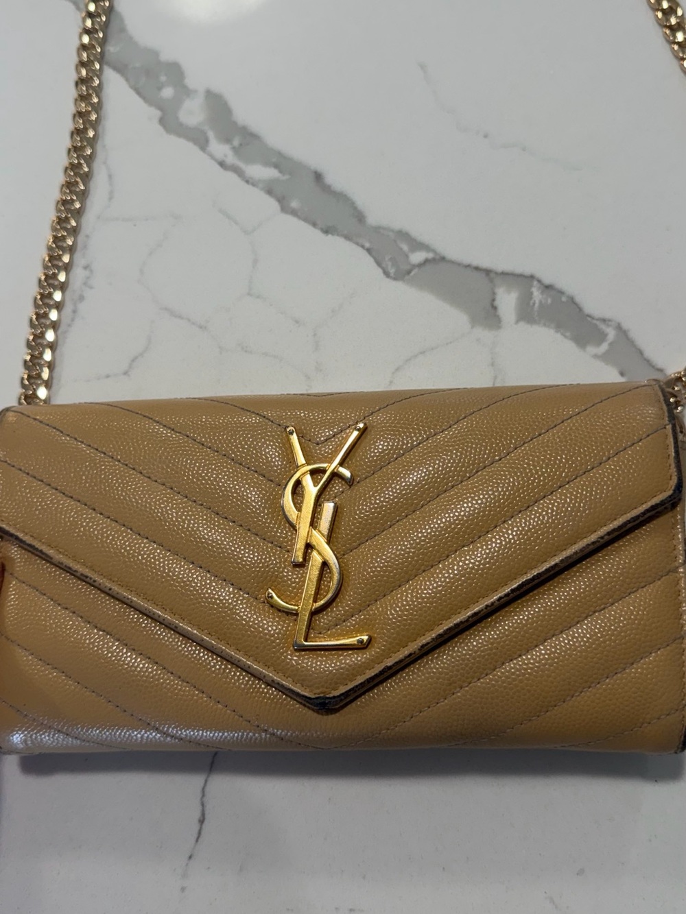 Authentic Saint Laurent YSL WOC wallet on chain Bag Cream and Gold